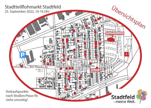 Postkarte Stadtteilflohmarkt Stadtfeld am 25.09.22 Cover mit Übersichtskarte Postkarte Stadtteilflohmarkt Stadtfeld 2022 Cover